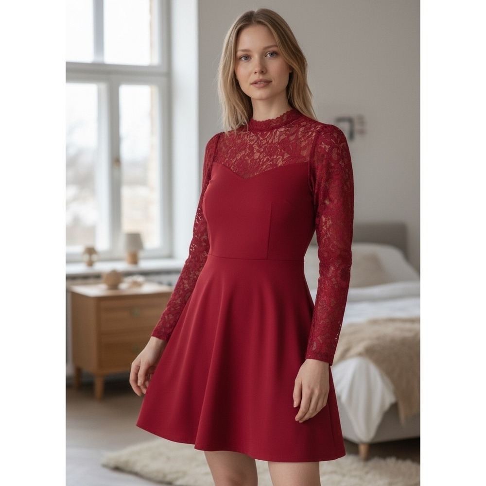 Shein Floral Lace Skater Mini Dress Womens S Red Whimsical Evening Coquette Chic
